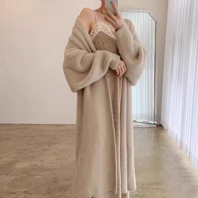 秋冬过膝仿水貂绒针织开衫女韩版宽松中长款慵懒风软糯毛衣外套女