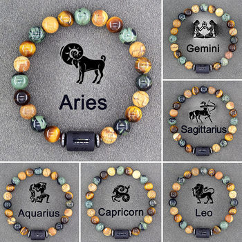 Cross-Border Amazon Zodiac Natural Stone Beaded Bracelet Twelve Zodiac Signs Tiger Eye Stone Picture Stone Bracelet Wholesale