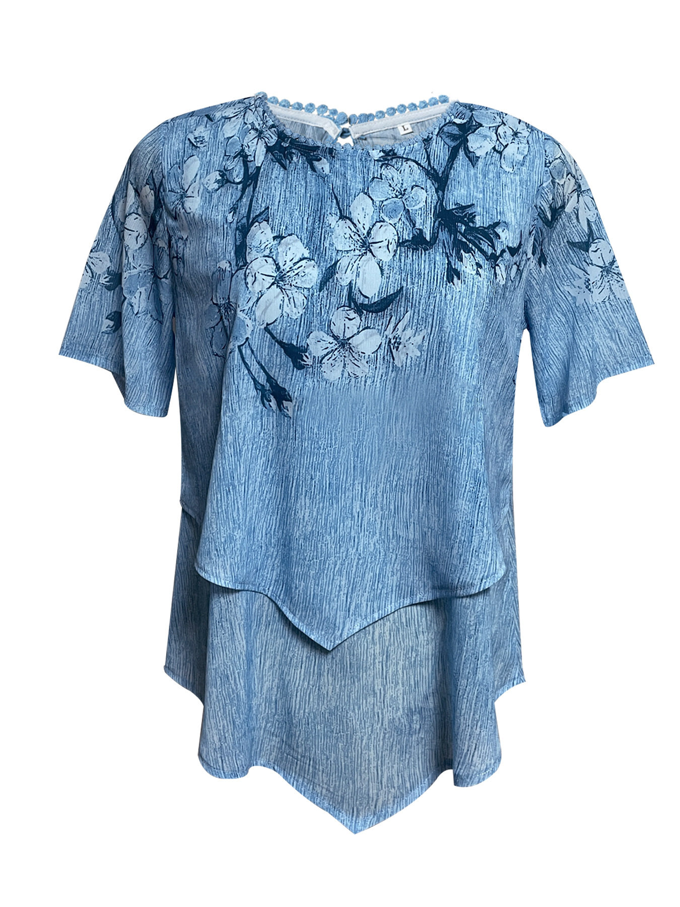 Floral Print Layered Short Sleeve Top Irregular Hem Round Neck Summer Style Wholesale Availability