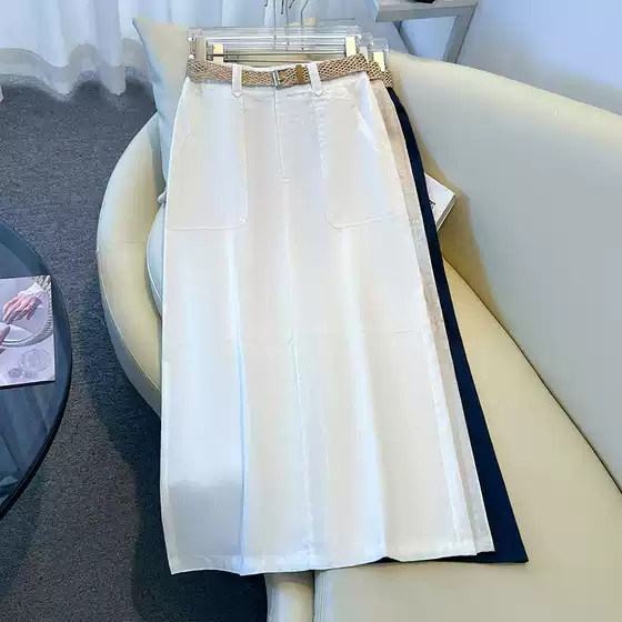 Tencel Linen Midi Skirt Women 2026 Summer New High Waist Lightweight Back Slit Casual A-Line Skirt