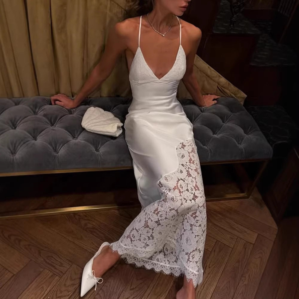 Elegant French Style Lace Trimmed V Neck Cami Dress Hollow Out Sexy Back Adjustable Straps Evening Gown for Special