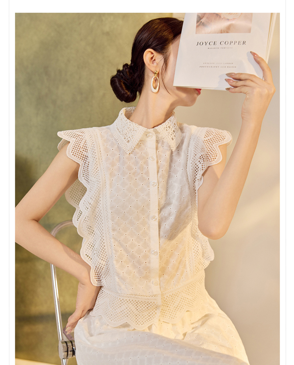 Set áo tay phồng thêu chấm bi kèm chân váy dài nữ — váy trắng
