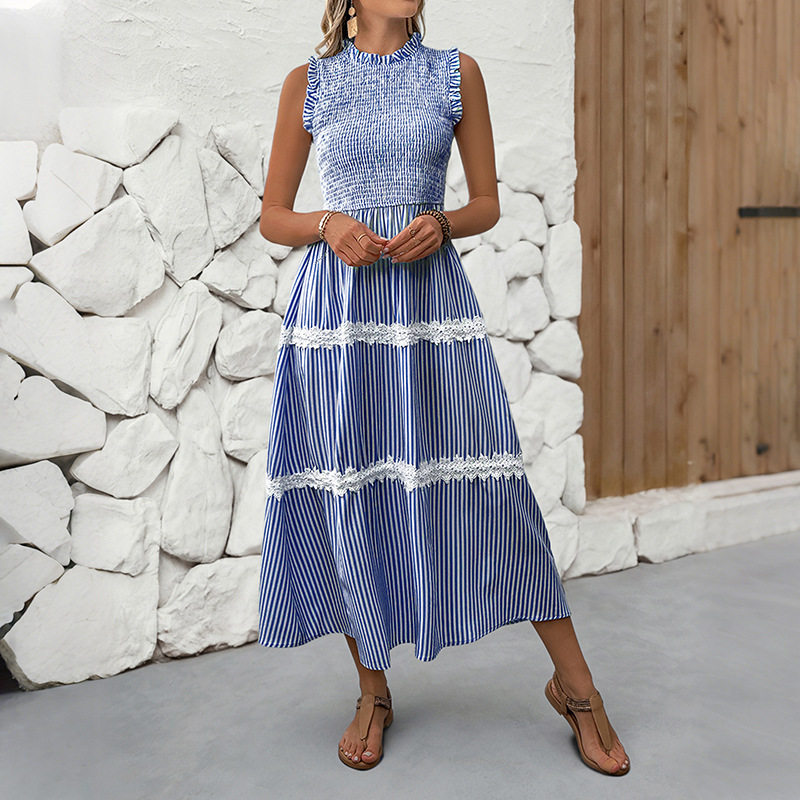 Summer Sleeveless Dress Sweet Lace Trim Striped Pattern Casual Style Perfect for Warm Weather Occasions Wholesale