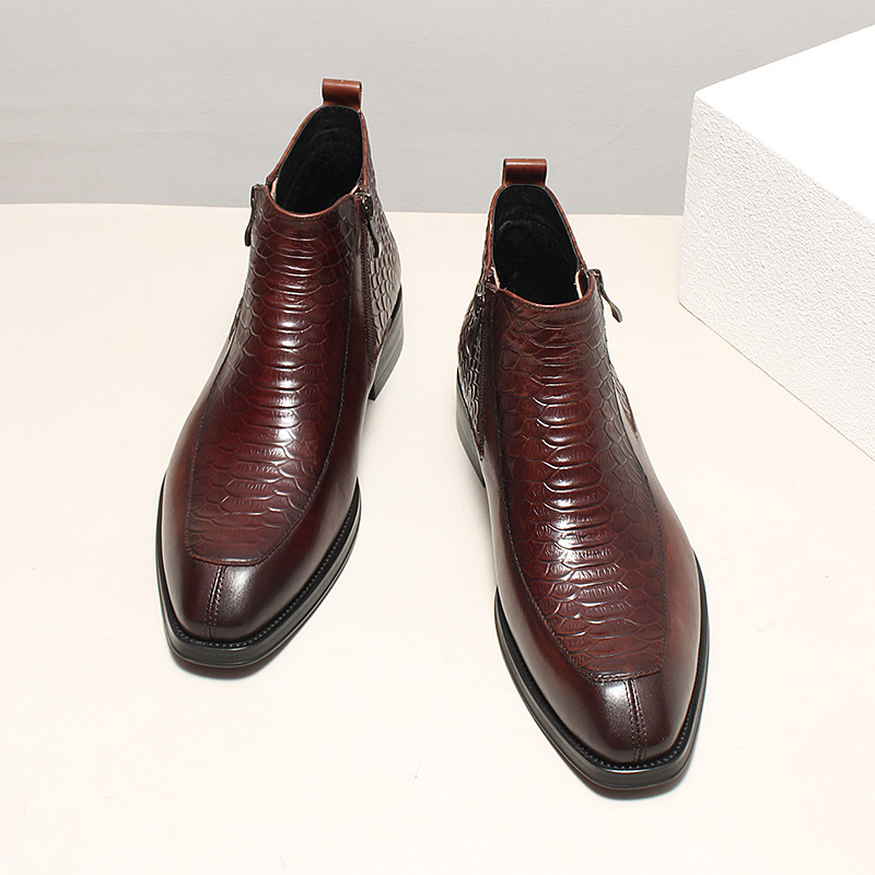 Boot cổ trung da bò dập vân cá sấu khóa kéo đôi phong cách cổ điển — Lớp lót nhung đen, Màu đen lót da, Đỏ rượu bên trong da