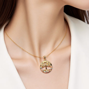 New Copper Plated 18K Gold Colorful Life Tree Pendant Necklace Inlaid Zircon Necklace Female European and American Cross-border Accessories
