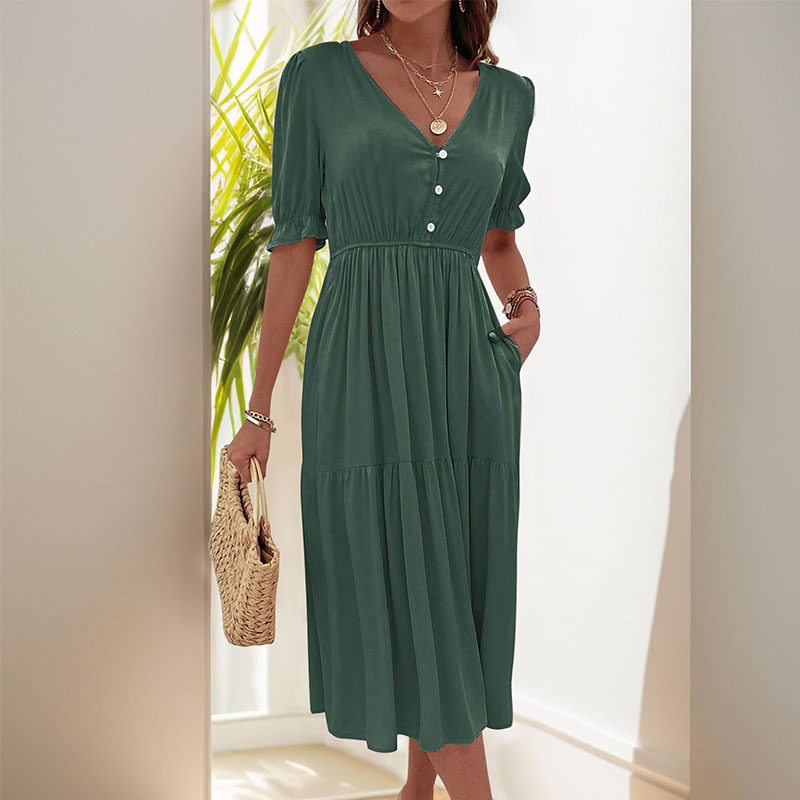 Casual Puff Sleeve V Neck Dress Simple Design Wrinkled Fabric Solid Color Perfect for Office Wear Wholesale