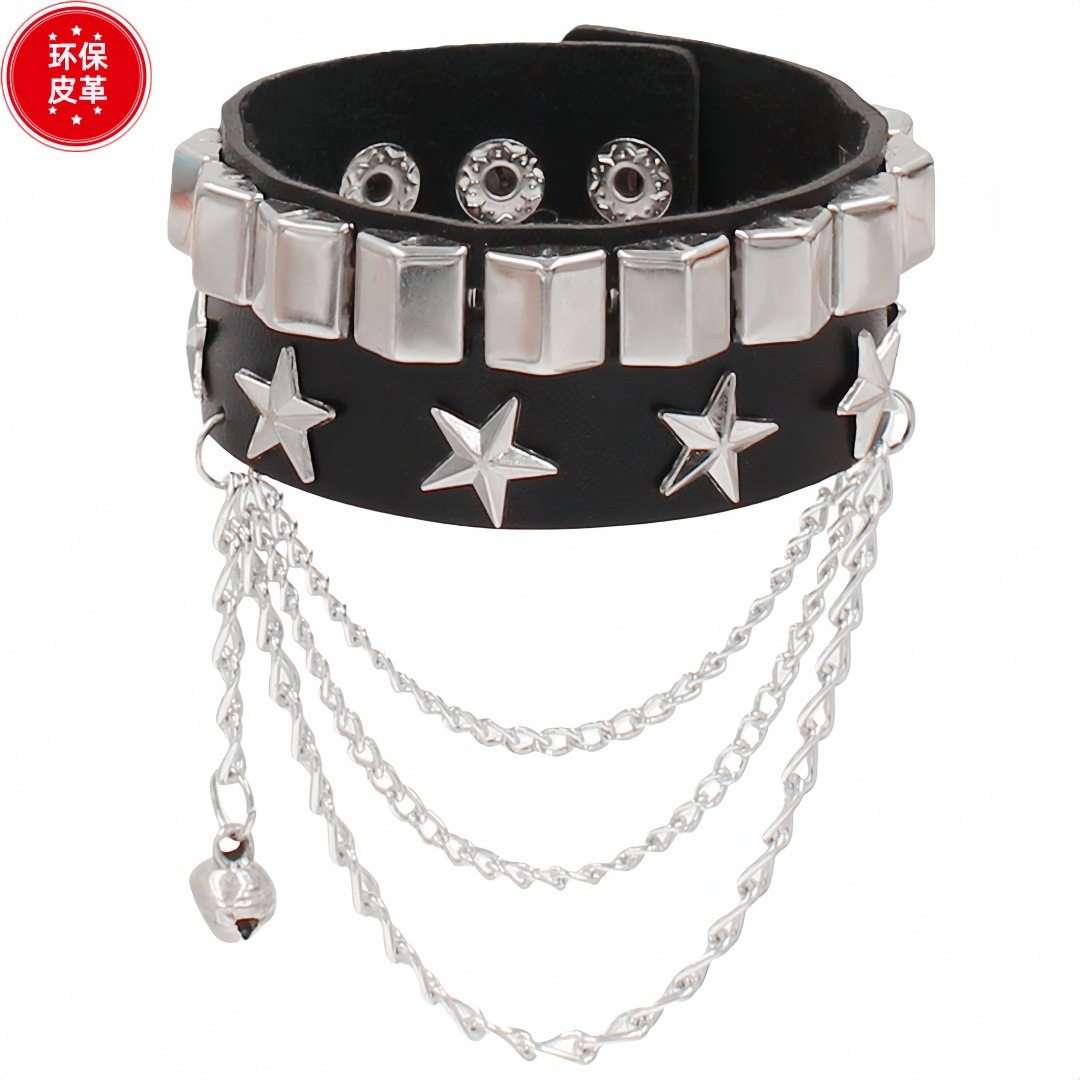 Eco-Friendly Pu Leather European and American Fashion Retro Street Style Punk Studded Bracelet Star Leather Bracelet Rock Jewelry