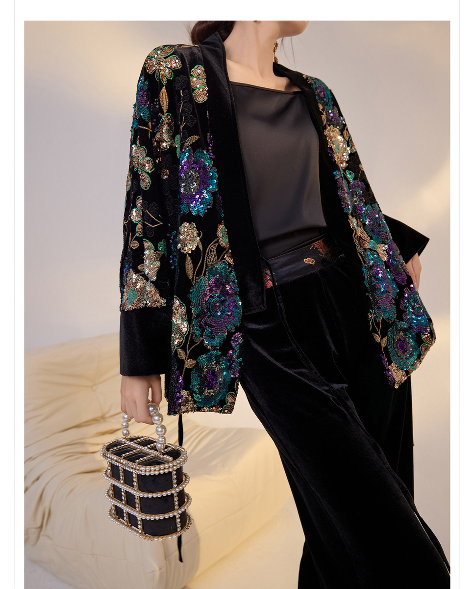 Áo khoác nữ thêu hoa đính sequin dáng ngắn cổ chữ V — Iris tím (giao hàng trong 7 ngày), Iris tím (phát hành cùng ngày)