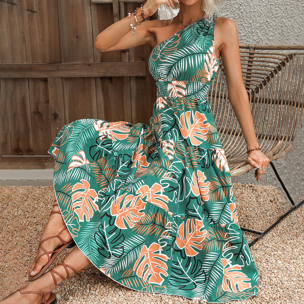 Fashionable One Shoulder Printed Dress Elegant Design Trendy Style Comfortable Fabric Perfect for Parties and Events