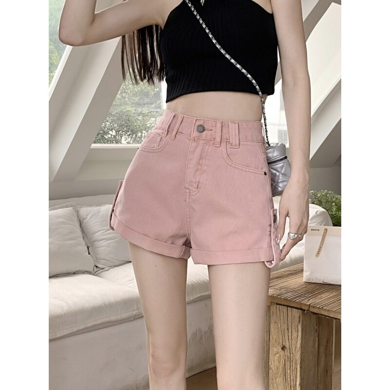 High Waisted Womens Denim Shorts Loose Fit Lightweight Rolled Hem Flared Style Summer Casual Wear Wholesale
