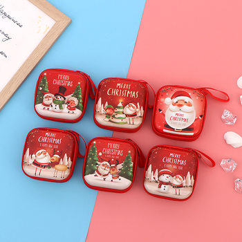 Creative Christmas Coin Purse Tinplate Square Zipper Bag Coin Key Headset Data Cable Organizer Storage Box