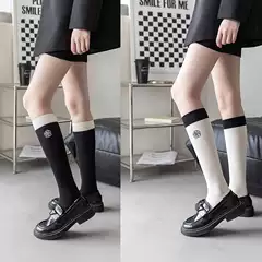 Black and White Contrast Embroidered Calf Socks Stitching Leg Socks Ins Trendy Japanese College Style Jk Long Tube and Knee Socks