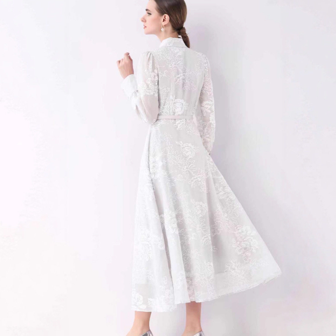 Vintage Inspired Embroidered Midi Dress Slim Fit Waist Cinching Lantern Sleeves Elegant Occasion Wear Wholesale