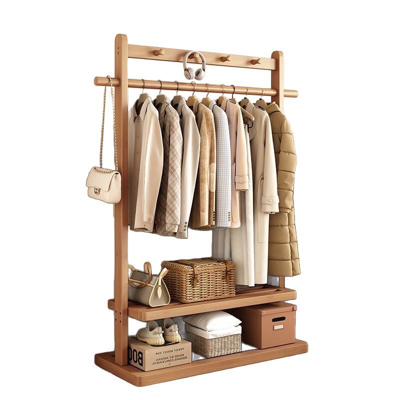 Chinese-Style B&B Storage Mobile Clothes Hanger Solid Wood Floor-Standing Bedroom Coat Rack Living Room Simple Modern Home