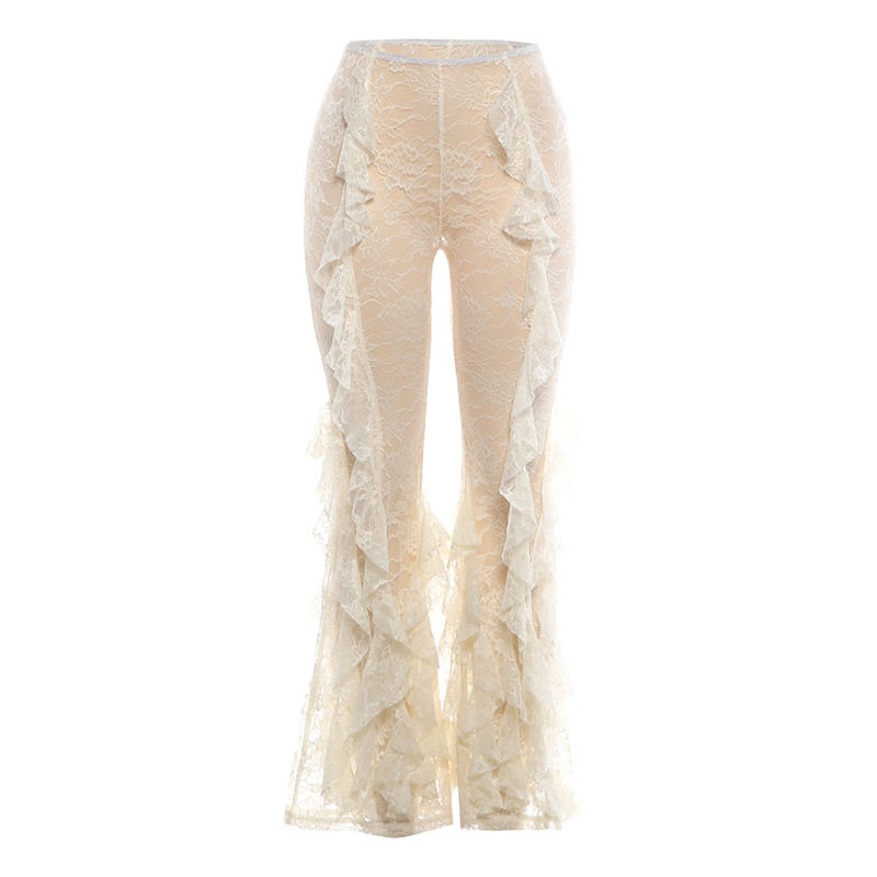 Womens Fashionable Ruffled Hem Slim Fit Pants Sheer Sexy Trendy Autumn Collection Wholesale Available