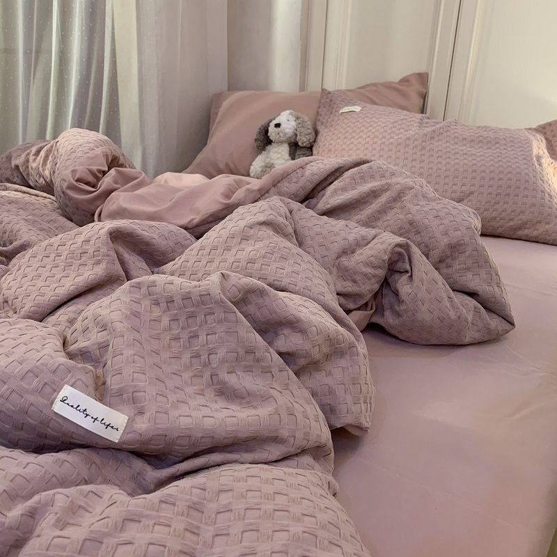 Light Luxury Washed Cotton Waffle Bedding Four-Piece Set Olive Green Duvet Cover Bed Sheet Dormitory Three-Piece Set Wholesale