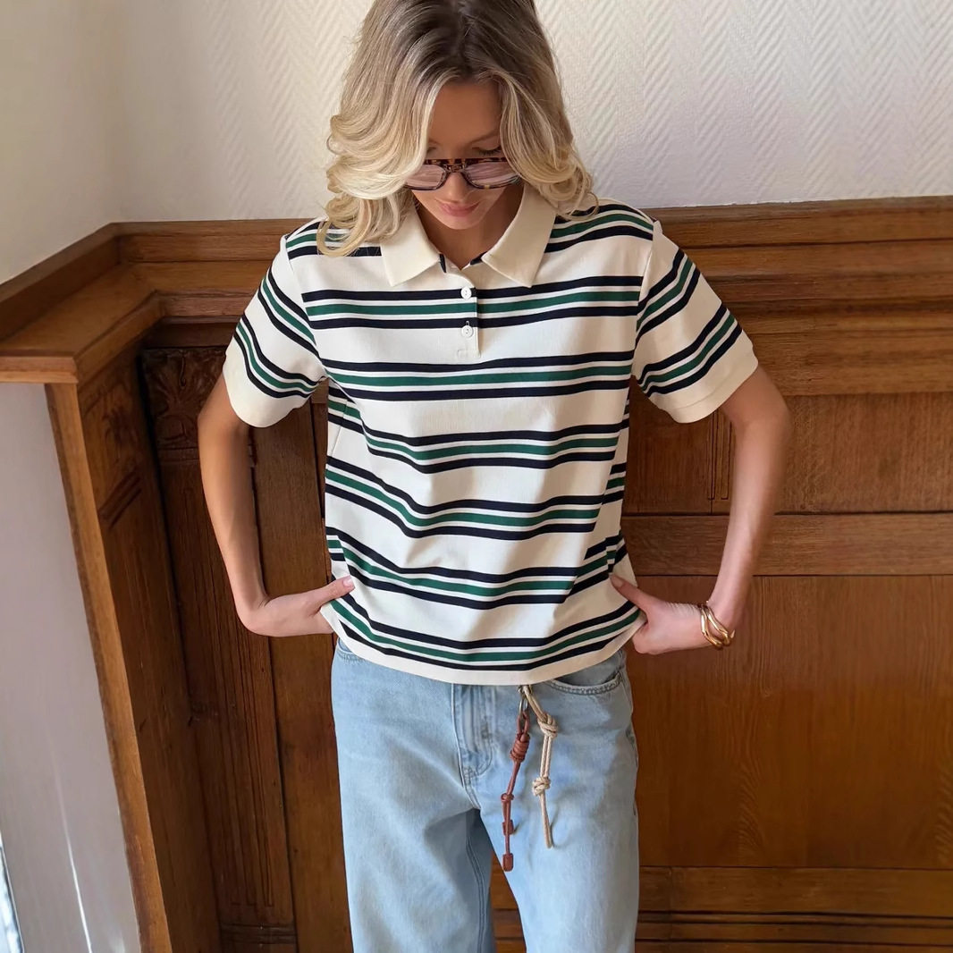 Vintage Color Block Striped Polo Shirt Loose Fit Short Sleeve Summer Style Perfect for Casual Wear OEM Available