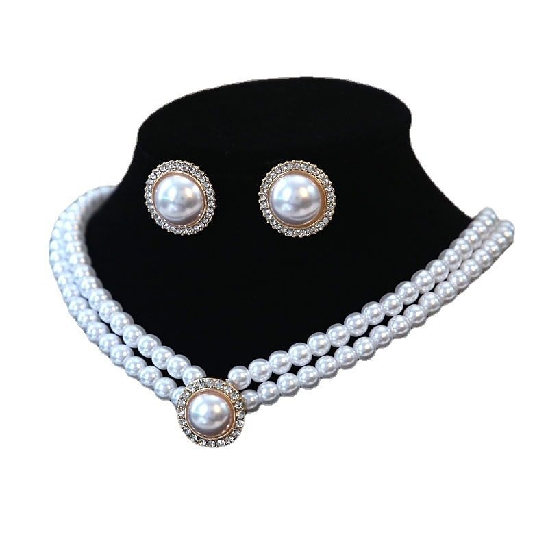 French Retro Elegant Pearl Necklace Stud Earrings Set Bridal Wedding Accessories Double Clavicle Chain Necklace Chain