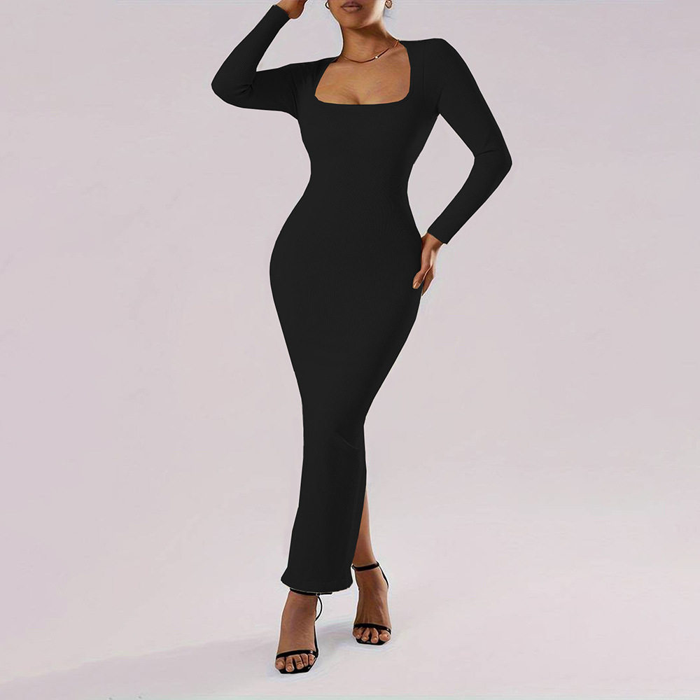 Elegant Bodycon Midi Dress Square Neck Long Sleeve Ankle Length Slim Fit Autumn Winter Fashion Wholesale Available