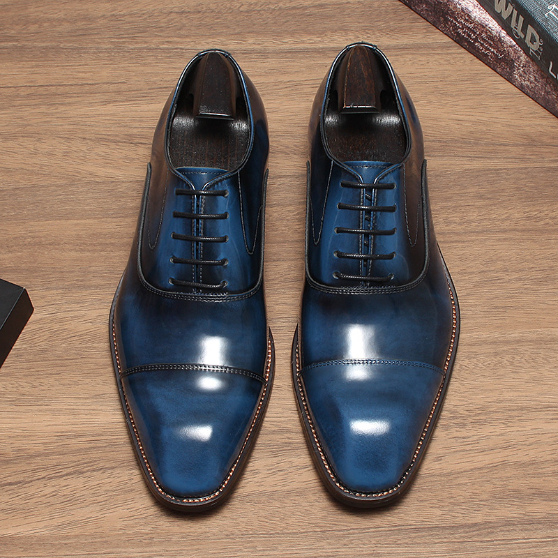 Giày Oxford nam da bò thật đánh màu thủ công, giày công sở dự tiệc — Xanh ngọc lam, màu đen, Màu đỏ rượu, Màu nâu vàng