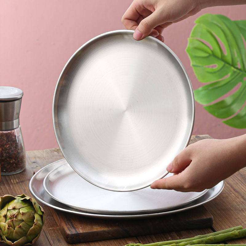 Korean-style Stainless Steel Thickened Plate Round Barbecue Plate Cake Plate Western Food Self-service Sweet Plate Flavor Dish Drawing