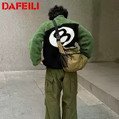 Double-sided Wear Retro American High Street Black 8 Black 8 Billiards Flocking Lamb Fleece Zipper Jacket Jacket for Men and Women