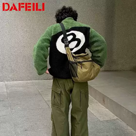 Double-sided Wear Retro American High Street Black 8 Black 8 Billiards Flocking Lamb Fleece Zipper Jacket Jacket for Men and Women