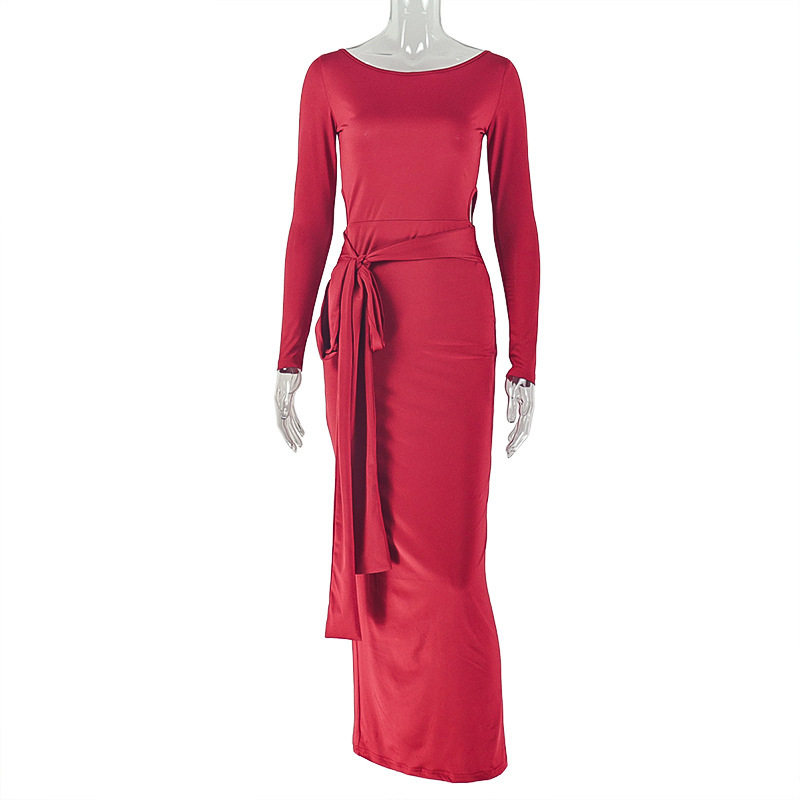 Bodycon Dress Slim Fit Waist Tie Round Neck Long Sleeve Solid Color Cocktail Party or Evening Wear Wholesale