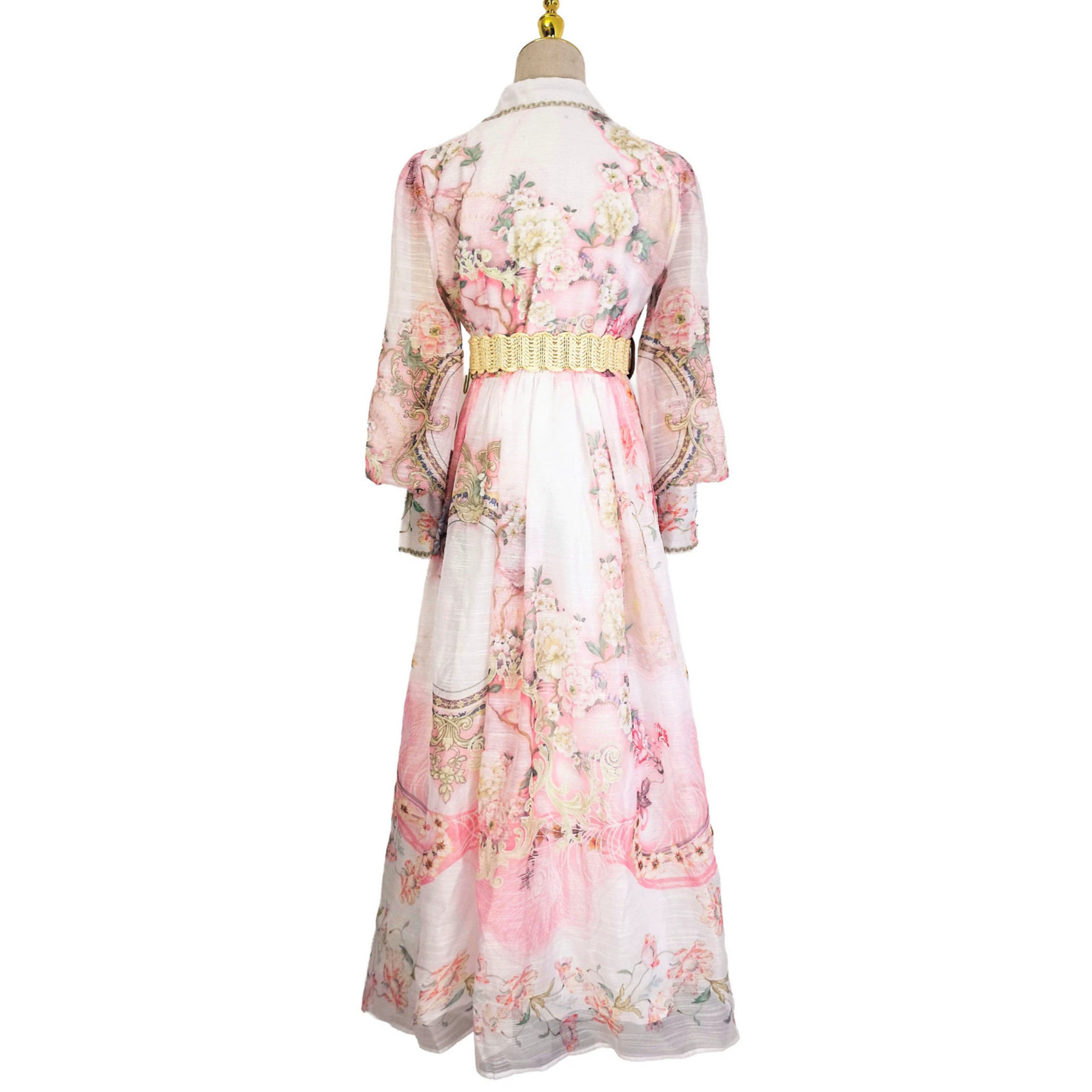 French Floral Print Long Sleeve A Line Dress for Women V Neck Waist Defined Elegant Style Spring Office Wear