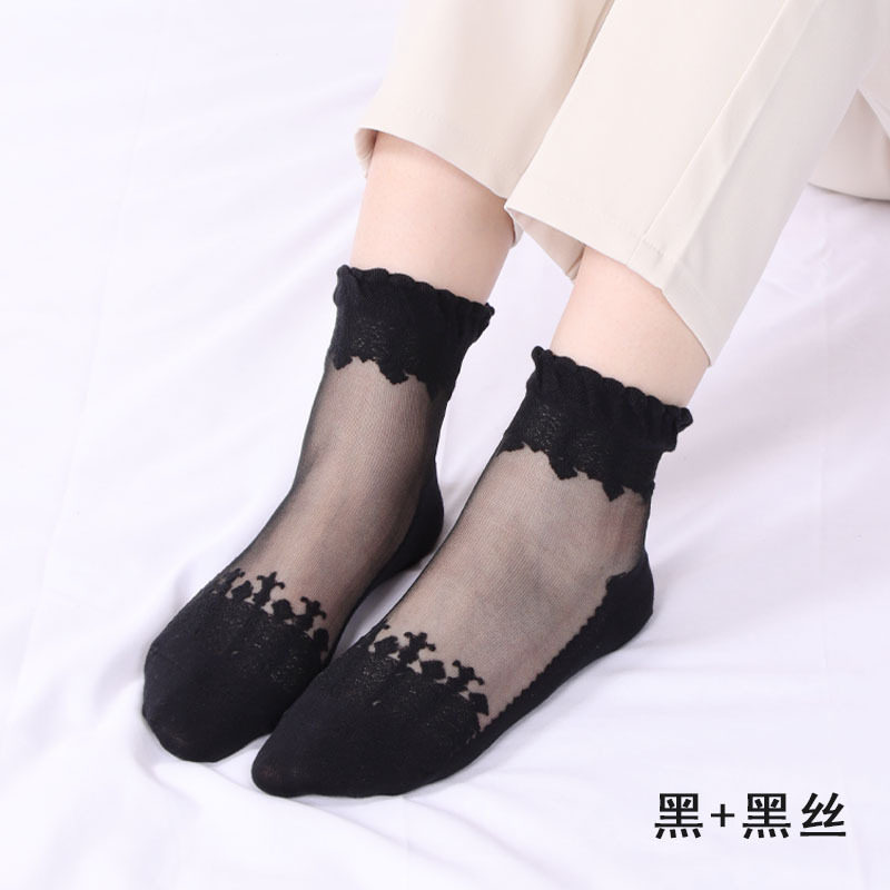春季薄款中筒袜棉底玻璃丝袜子女蕾丝花边短款袜子防滑透气水晶袜