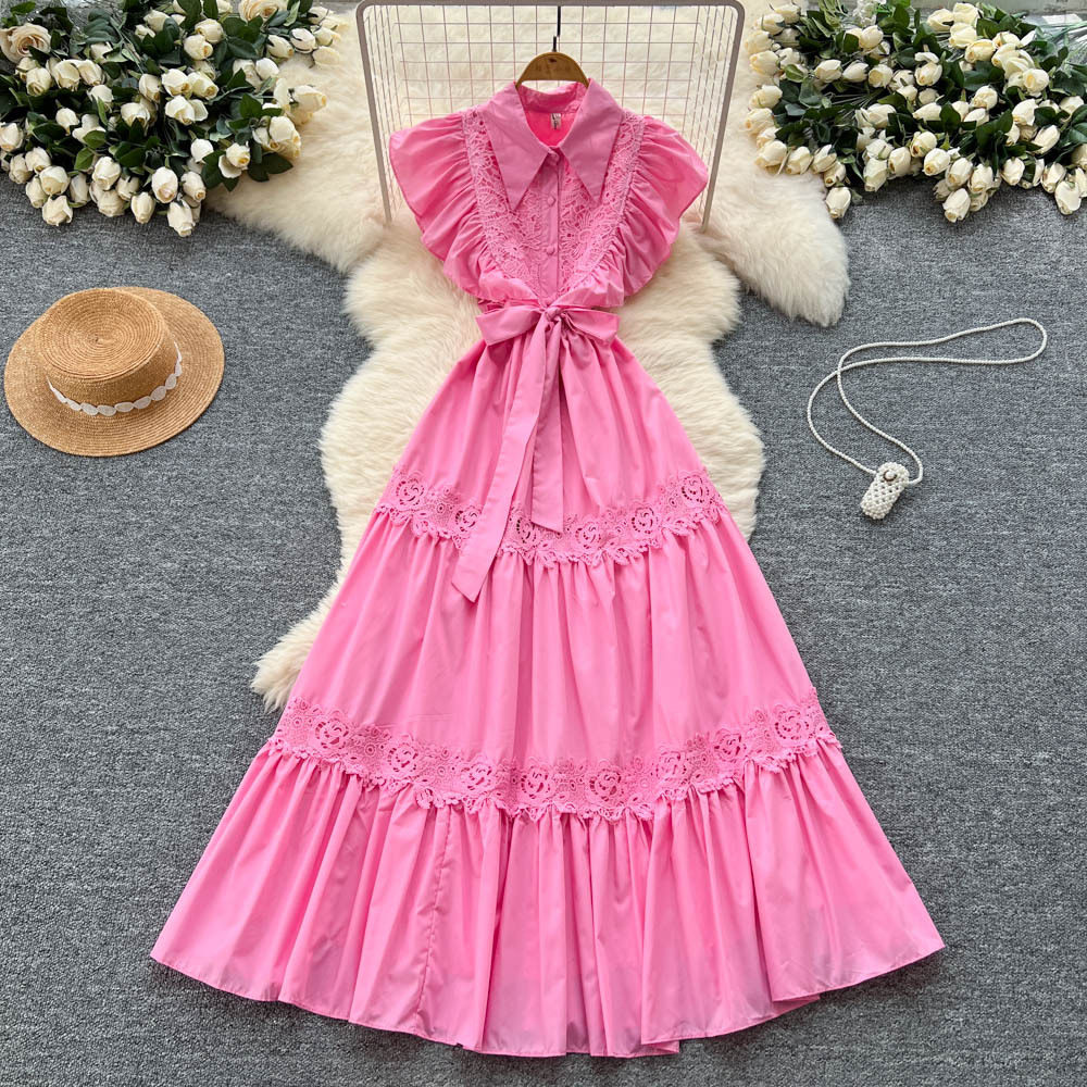 Elegant Vintage Lace Panel Waist Defined Short Sleeve Dress for Women Flowy Maxi Style Available in Red White Green Wholesale