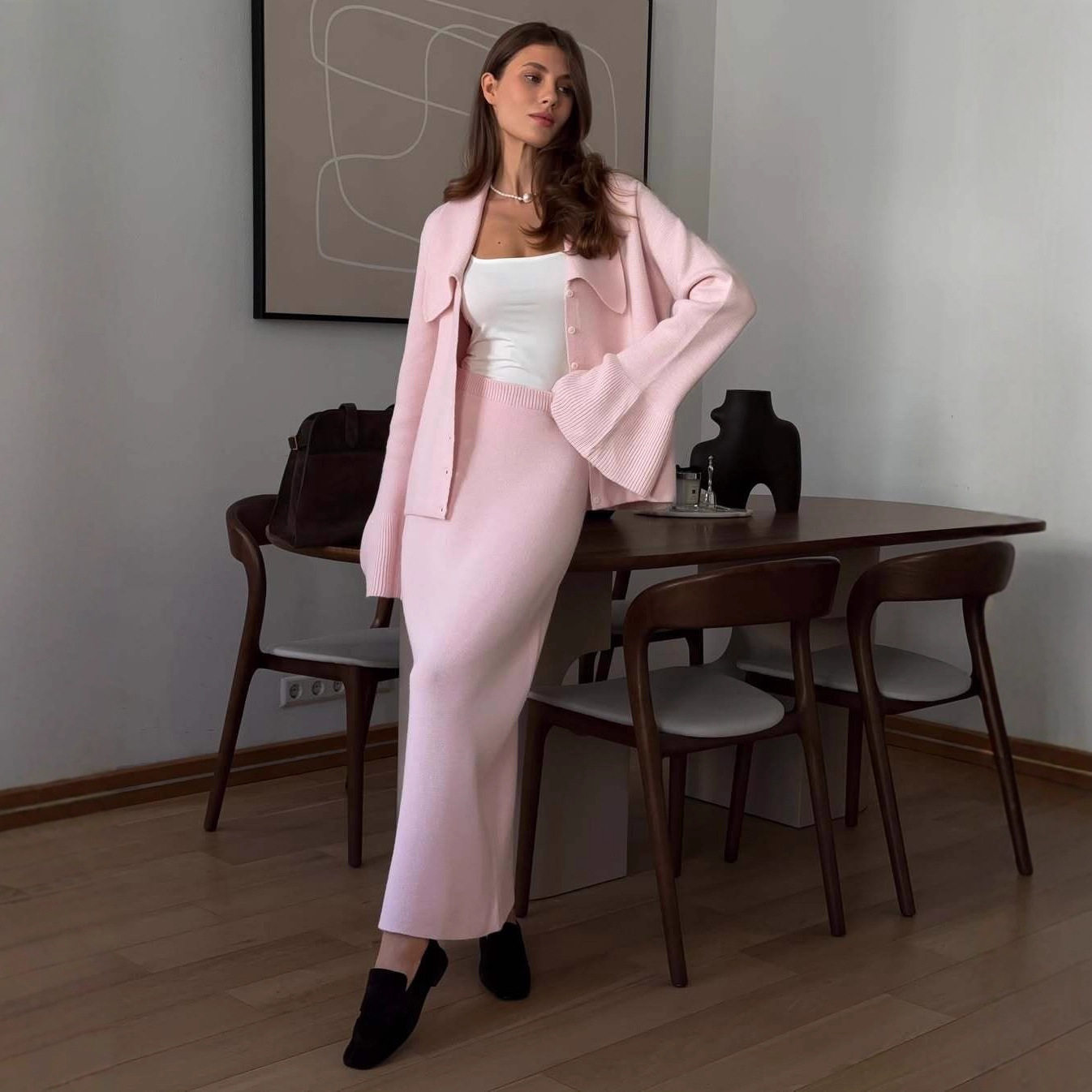 Womens Autumn Winter Solid Color Polo Cardigan and Flared Sleeve Sweater Set Elegant Knit Design Perfect for Casual or