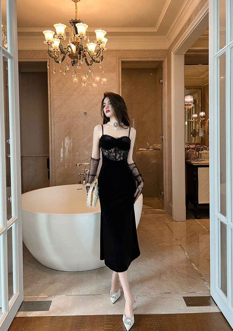 Đầm ôm body nữ nhung dáng đuôi cá cổ V không tay — [Đen] chi tiết 8