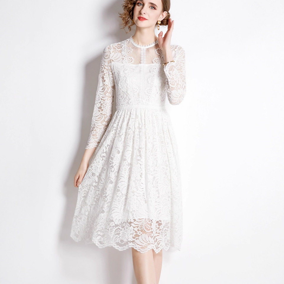 French Style White Lace Maxi Dress for Women Elegant Round Neck Flowy Silhouette Autumn Collection Wholesale Available