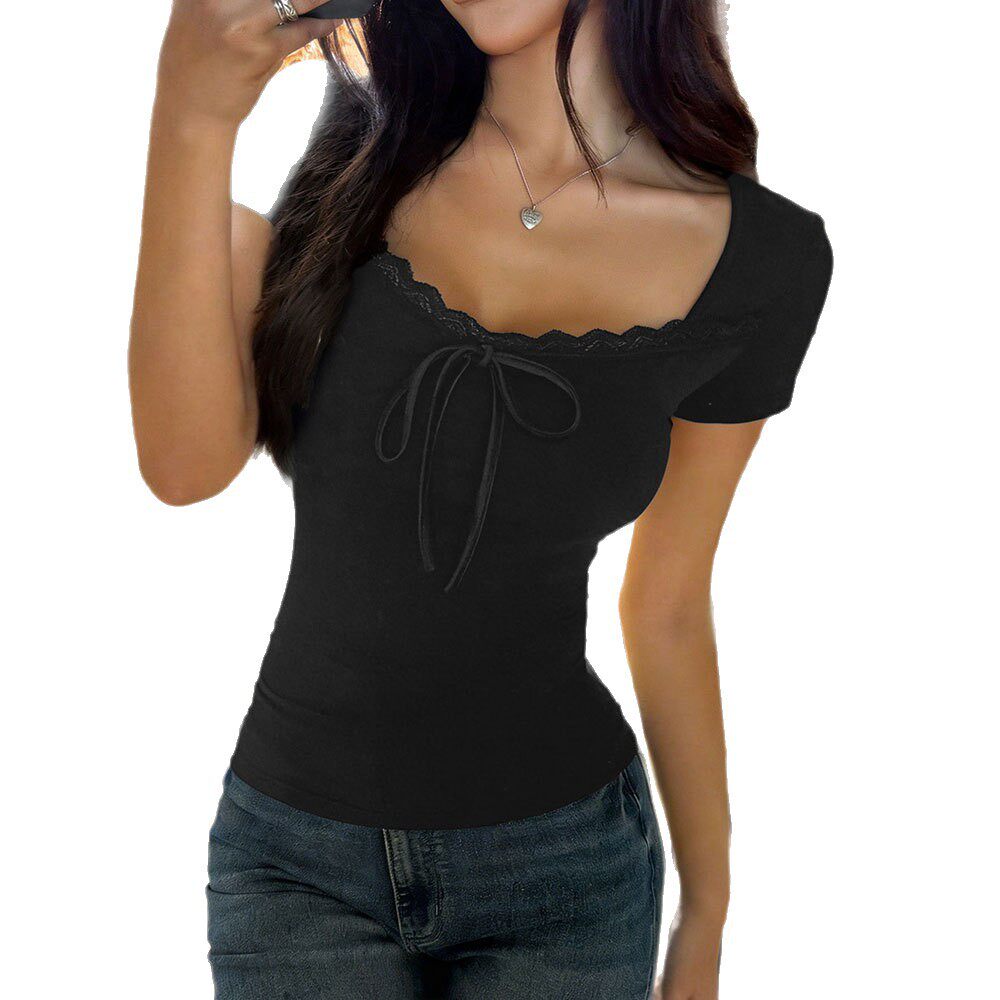 Lace Short Sleeve Top Square Neck Slim Fit Adjustable Tie Design Versatile Summer T Shirt Wholesale Available