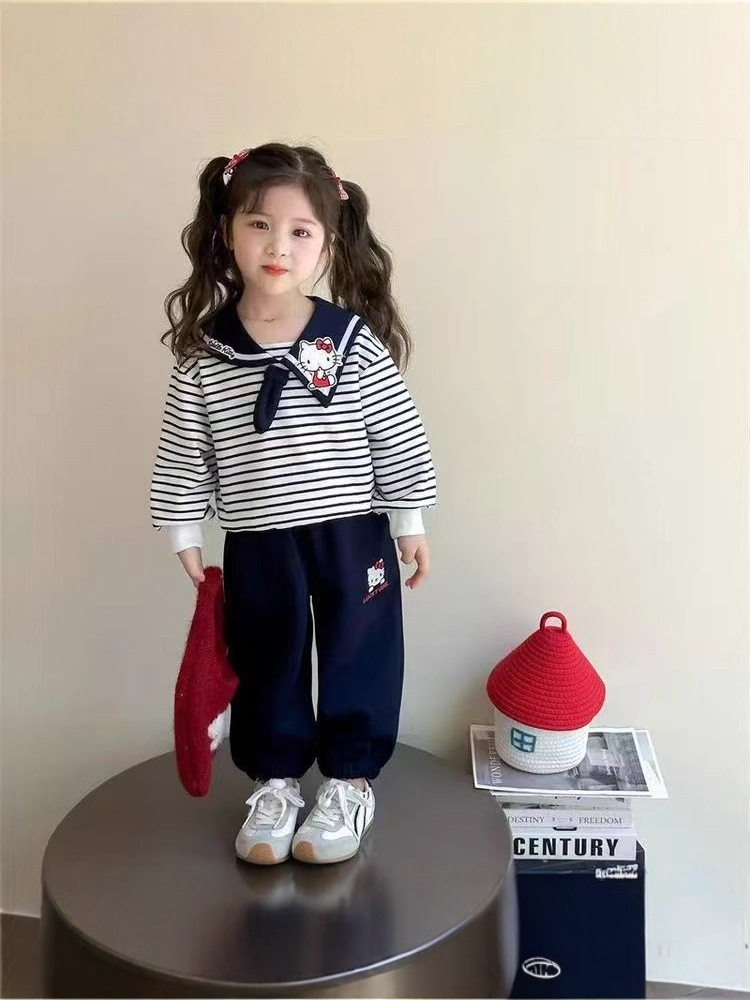 Girls' Autumn Hoodie Set, Kids' Cute Sailor Collar Casual Top, Baby Cartoon Striped Tie Hoodie