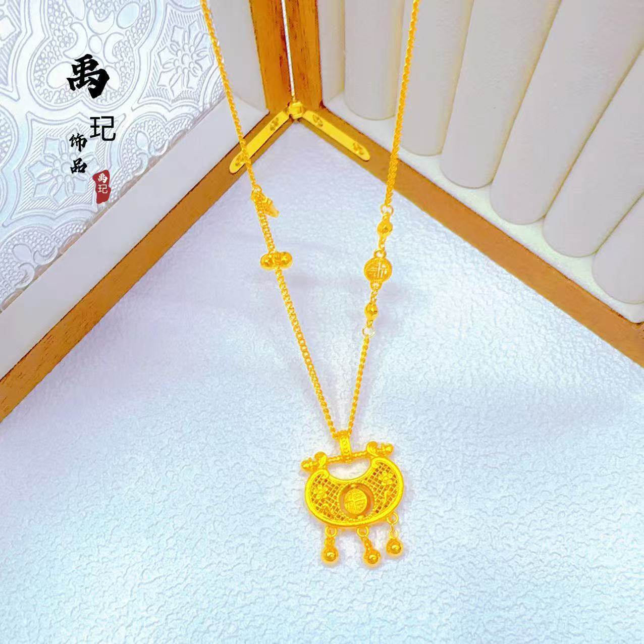 Tiktok Popular Sand Gold Rotatable Auspicious Ruyi Blessing Lock Necklace for Women Hollow Filigree Bell Clavicle Chain Wholesale
