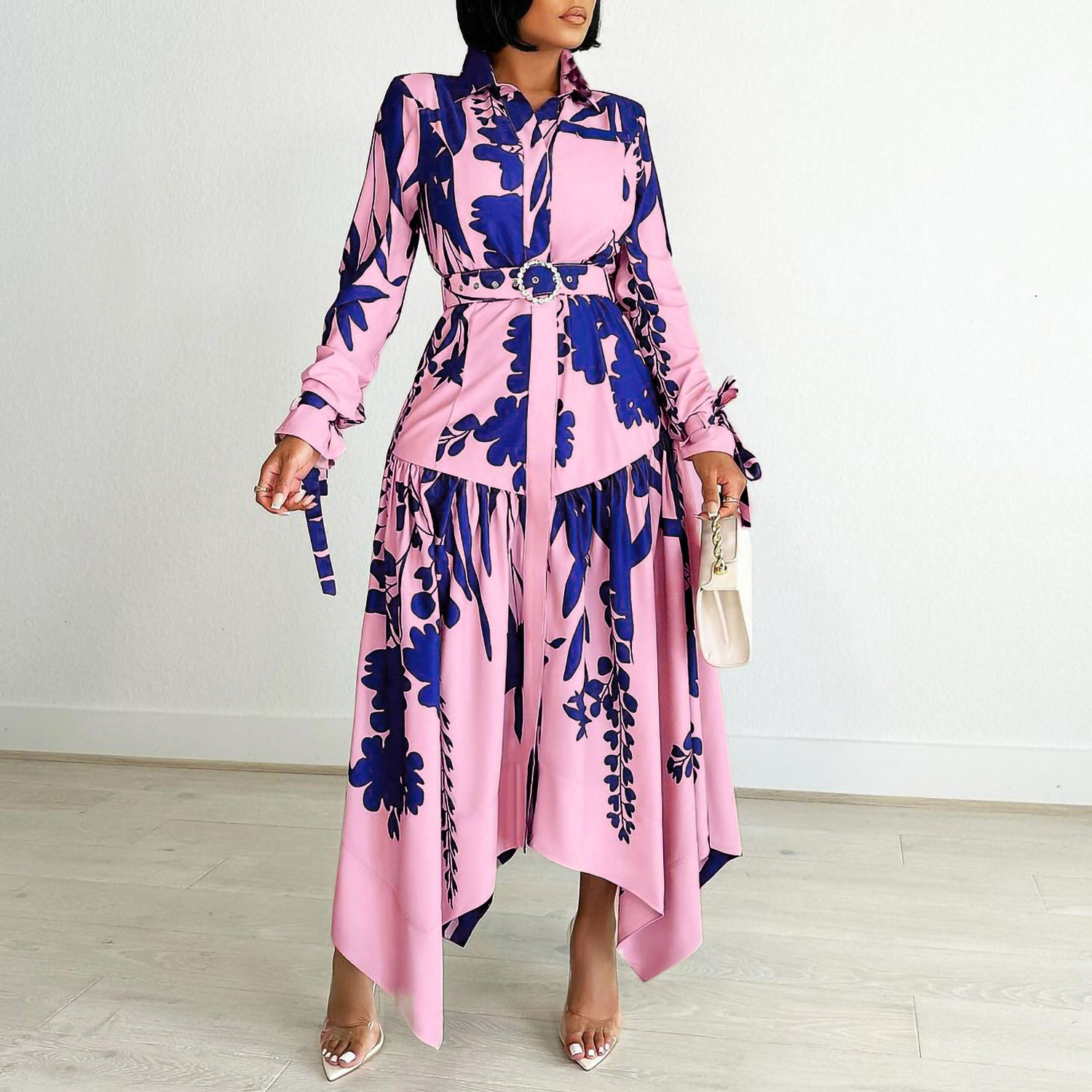 Plus Size Womens Dress Elegant Floral Print Irregular Hem Lapel Collar Casual or Formal Occasions Wholesale