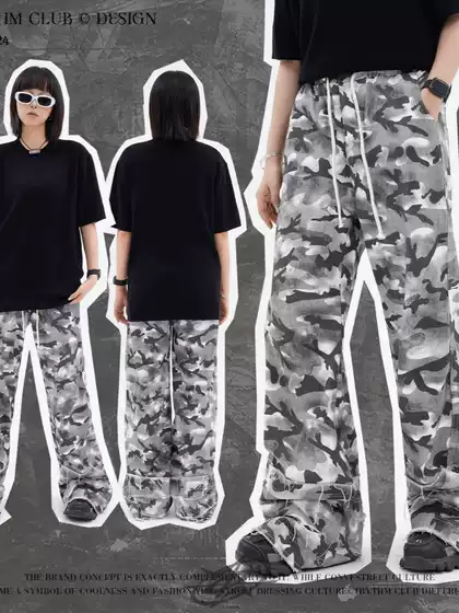 WHOOWAP Casual Pants Camouflage Dirty Dye Loose Handmade Destruction Leg Casual Straight Stacked Canvas Long Pants