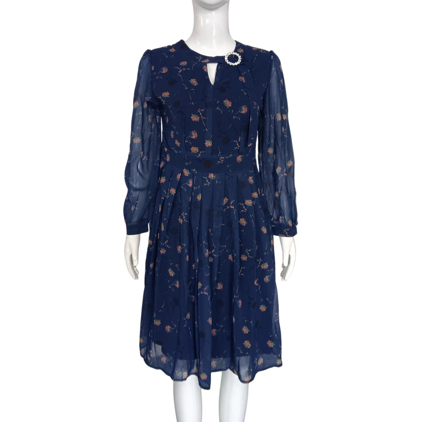 Blue Printed Chiffon Long Sleeve Dress for Women A Line Silhouette Rhinestone Accents Mid Length Perfect for Spring