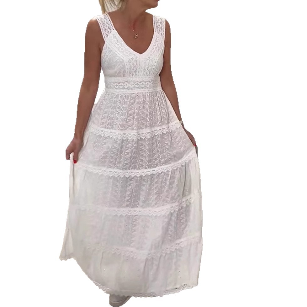 Womens Sleeveless Lace Panel Dress Solid Color V Neck Elegant Design Autumn Fashion for Parties and Events OEM