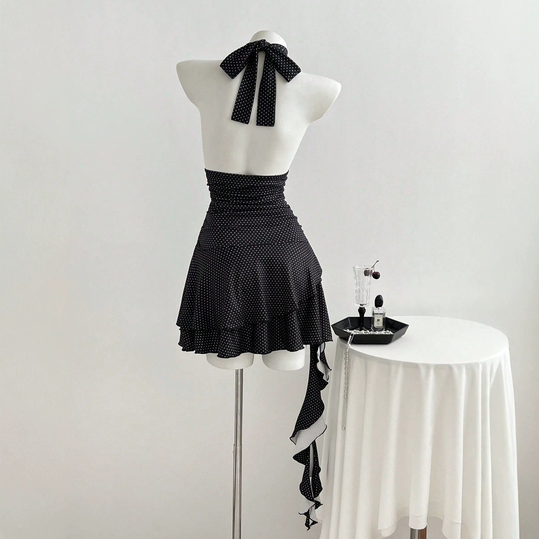 Polka Dot V Neck Halter Dress Slim Fit Waist Defining Elegant Style Perfect for Parties and Events Ready to Ship