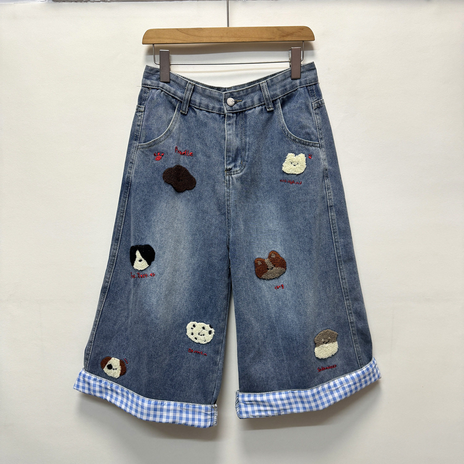 Vintage Dog Embroidery Plaid Patchwork Wide Leg Cropped Jeans for Women Relaxed Fit Stylish Design Casual Wear