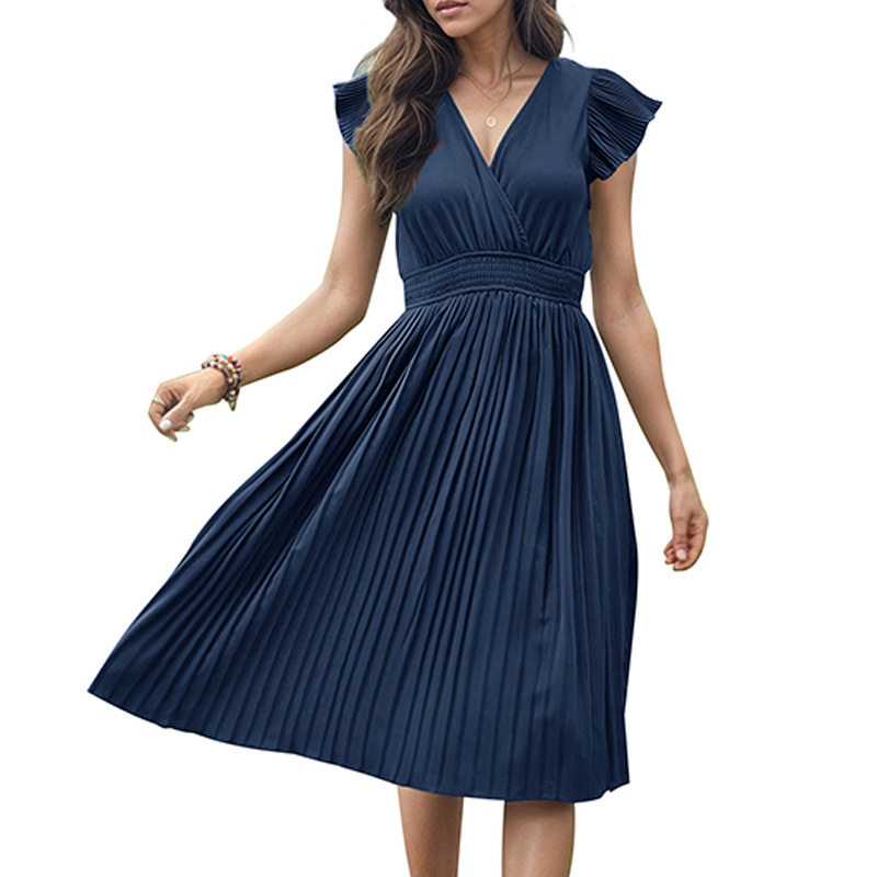 Summer Pleated Dress Elegant Short Sleeve Solid Color Minimalist Style Perfect for Casual Outings Wholesale