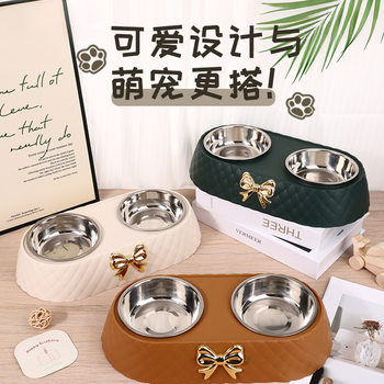 Factory in stock Amazon Bow Anti-knock Pet Bowl Cat and Dog Bowl Stainless Steel Pet Basin Feeder