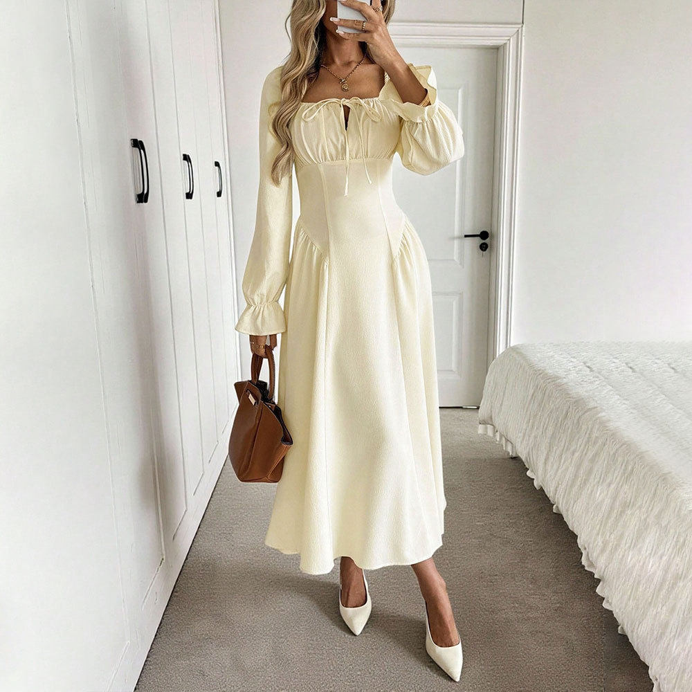 Womens A Line Long Sleeve Dress Square Neck Tie Waist Pleated Flattering Fit Elegant Casual Wear for Spring Fall