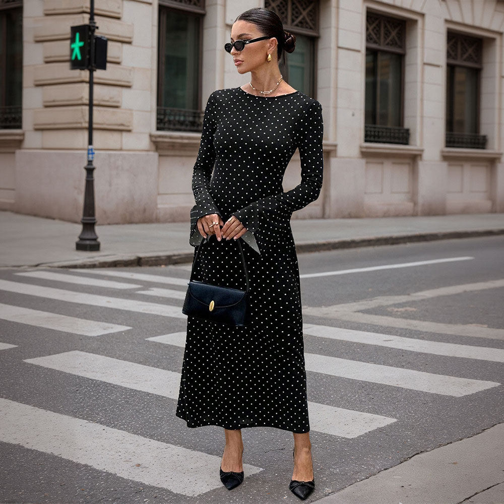 Black Polka Dot Maxi Dress for Women Long Sleeve Open Back Slim Fit Adjustable Tie Spring Summer Occasion