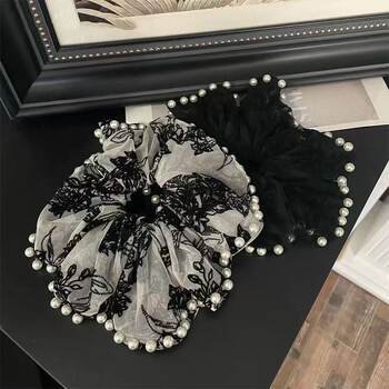 Vintage Large Embroidered Pearl Scrunchie for Women, Elegant Ponytail Hair Tie, Retro Style