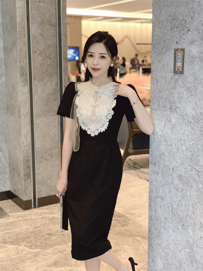 Đầm maxi nữ ren hoa thêu tay ngắn cổ tròn eo cao — Xanh chi tiết 7