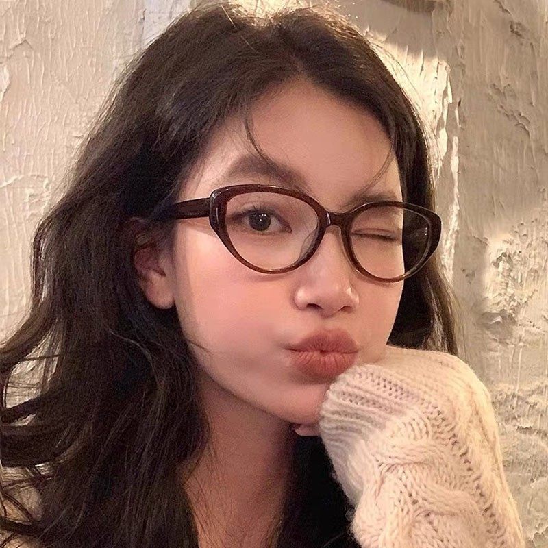 New Retro Cat's Eye Round Face Glasses Anti-Blue Light Glasses Frame Student Flat Light Can be Configurable for Women's Shake Voice Live